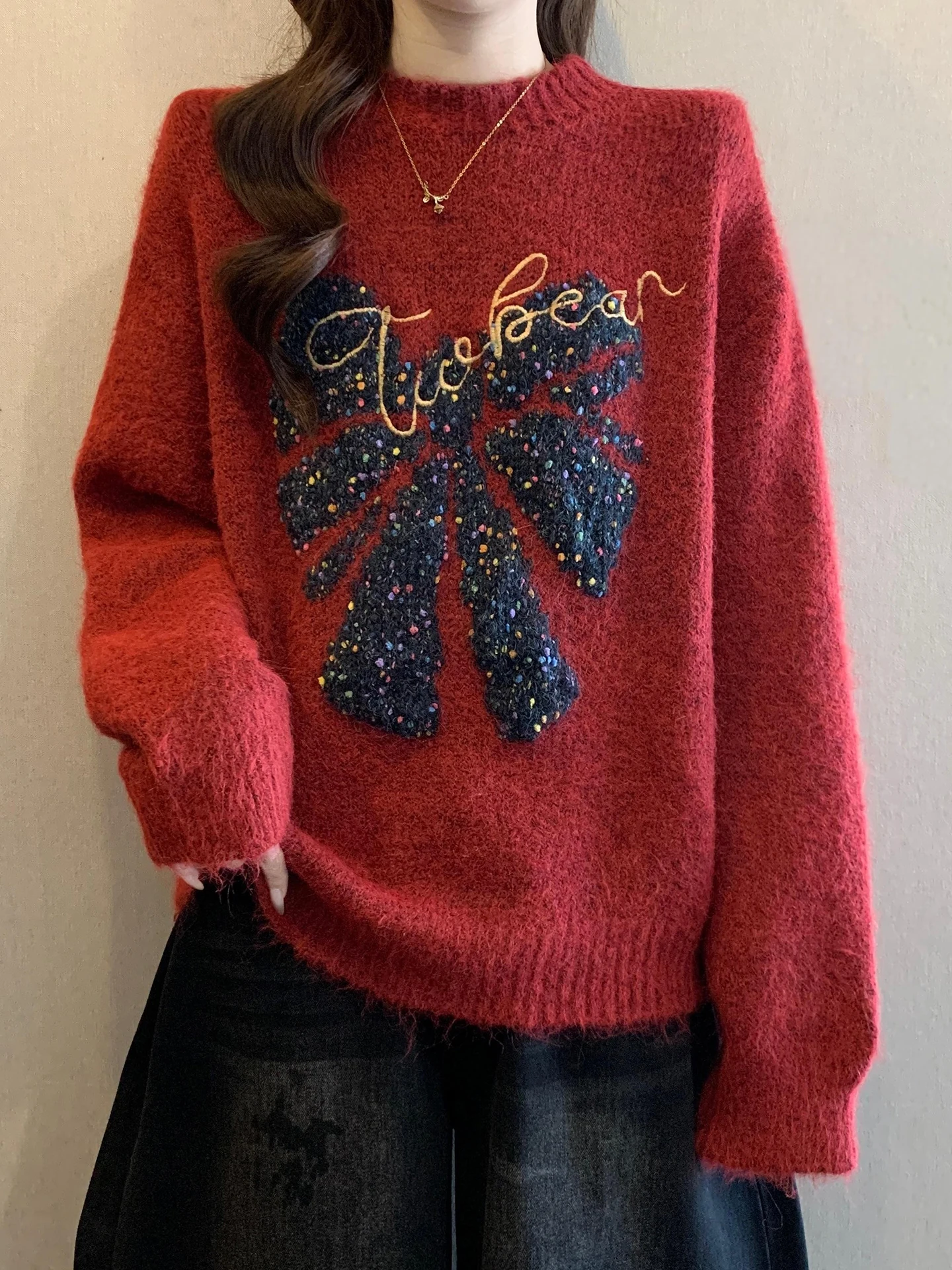 

Ladies Thiened Knitted Sweater Red Embroidery Loose Sle Autumn Winter Faion Comfortable Warm Soft Material round Ne