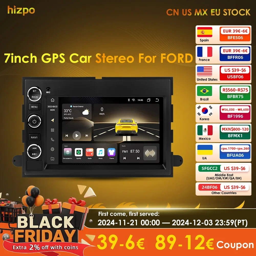 Hizpo Android 13 2 Din GPS Multimedia Player For  Ford 500 F150 Explorer Edge Escape Sport Lincoln Expedition Mustang Car Radio