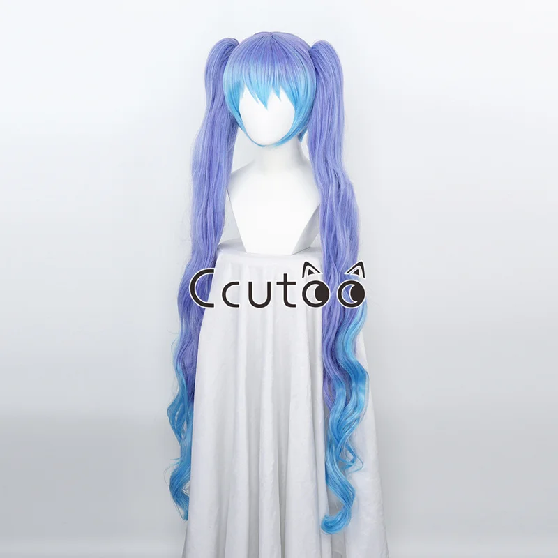 120cm Miku niebieskawo-fioletowy niebieski fioletowy mieszany długi kręcone włosy syntetyczne Cosplay peruki zdejmowane kucyki