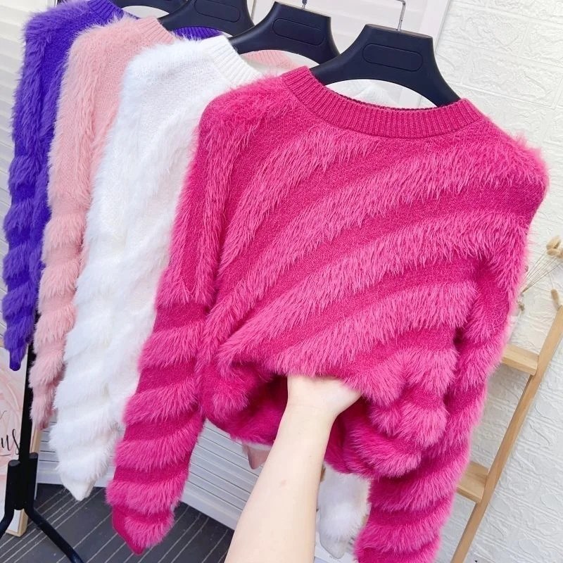 

Теплый полосатый базовый свитер из норки, осенне-зимний толстый новый вязаный свитер с круглым вырезом, универсальный топ для женщин