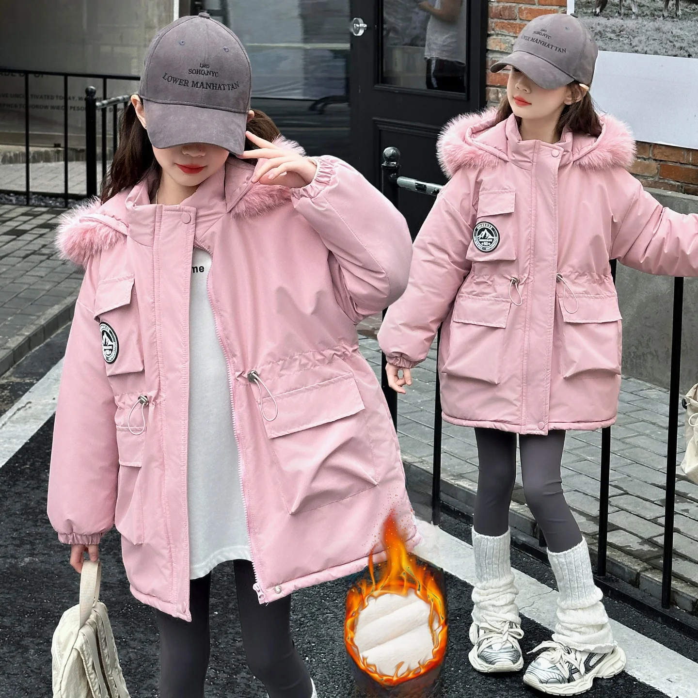 

Girls Winter Parka Coat Fluffy Collar Fce Lined Thi Cotton Jaet Korean Sle Loose Fit Long Sve Zipper Closure