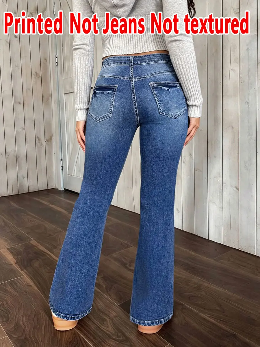 2363 Ladies Non-Leather Denim Fabric Bell Bottom Pants Printed Design Four Seasons Wearable Ladies Long Trousers