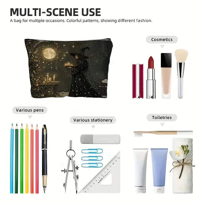 Chic Halloween Makeup Bag with Zipper -Witch-Themed Design with Full Moon, Bats & Spiders