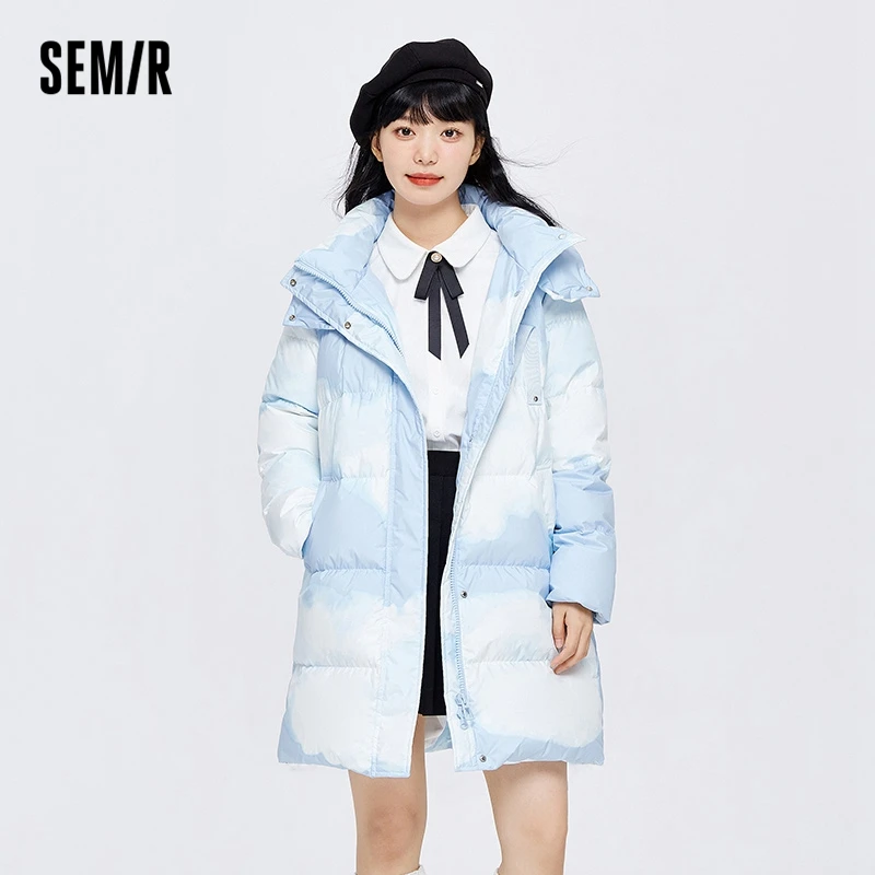 Semir Down Jacket Women Mid-Length Full Printed Loose Sweet 2023 Winter New Gentle Hooded Thick Coat