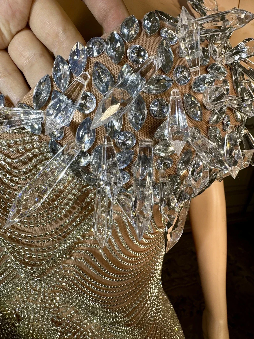 

Diamond short dress Rhinestones Sexy See Through Short Dress for Women Prom Party Evening Celebrate Birthday Dress Show Wear