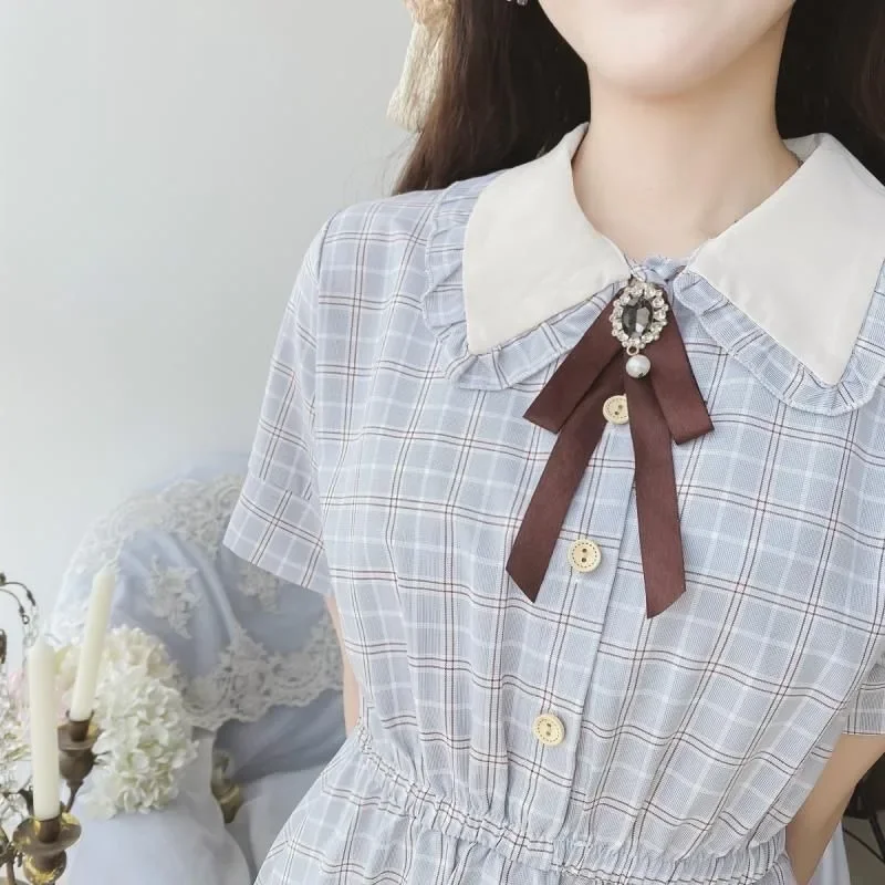 Girls\' Lolita Waist Collection Dress College Style Doll Neck Bow Grid Splicing Dress Japanese Korean New Chiffon Dresses 2024