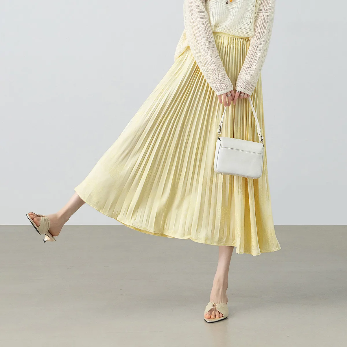 SENTUBILA Women's Elegant A-line Skirt Versatile Pleated Yellow Midi Skirts 2026 Spring Summer Casual Commute Female W61QA6533