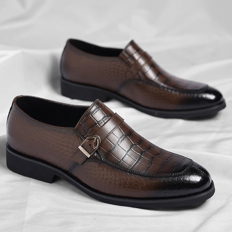 Mens Brown Burnished Crocodile Embossed Leather Monk Strap Slip On Formal Business Office Wedding Groom Dress Shoes Fashion