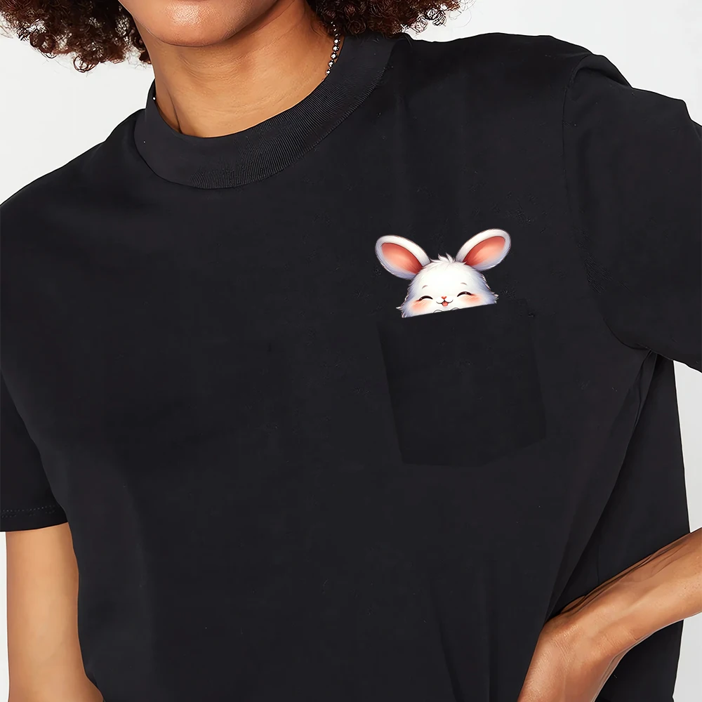 CLOOCL-T-shirt à manches courtes pour femme, vêtement en coton, joli lapin, main, cœur, geste imprimé, poche, hip hop