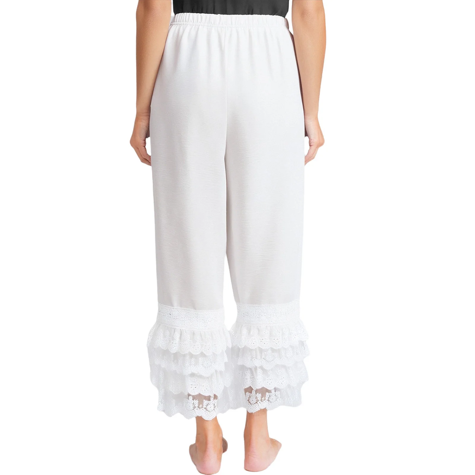 Women Lace Trim Pants Vintage Pettipants Bohemian Long Bloomers Pants Trousers Elastic Waist 4-Layer Cute Ruffle Pumpkin Pants