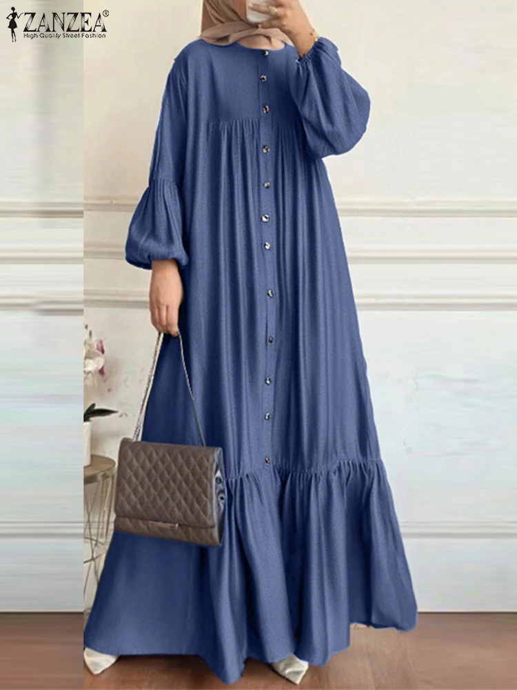 

2025 ZANZEA Spring Maxi Sundress Elegant Muslim Abaya Dress IsIamic Hijab Dresses Robe Femme Women Long Lantern Sleeve Vestidos