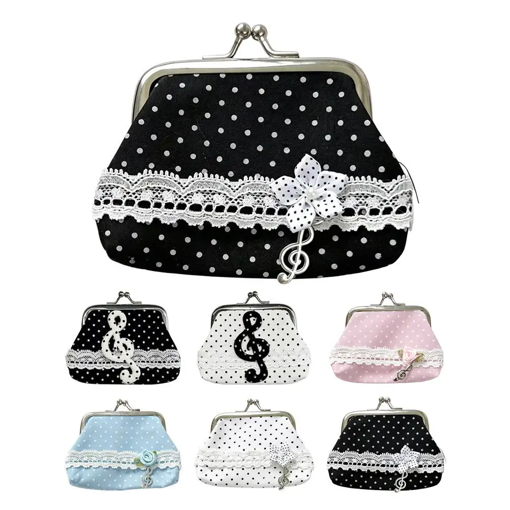Retro Mini Pouch Polka Dot Coin Bag Women's Small Wallet Lace Decor Music Note Pendant Portable Storage Organizer