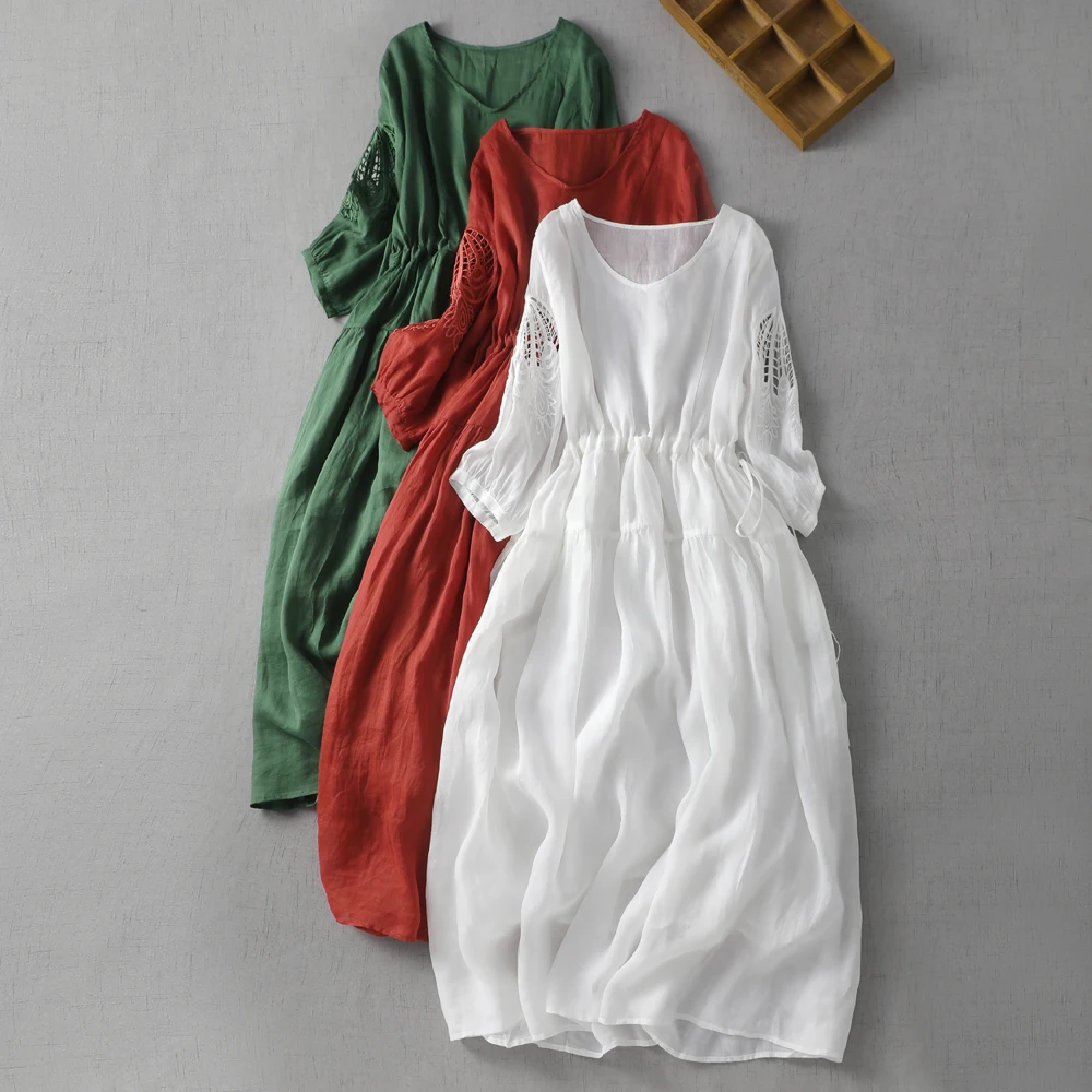 Gaun Wanita Katun Linen Retro Bordir V-Neck Berlubang Model Korea Longgar dengan Pinggang Lebar dan Rok A-Line