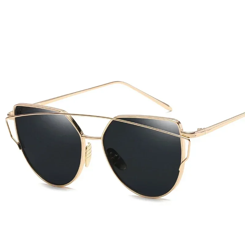 New Fashion Cat Eye Vintage Rose Gold Mirror Woman\'s Sunglasses Metal Reflective Flat Lens Tourism Sunglasses Mulyi-color Style