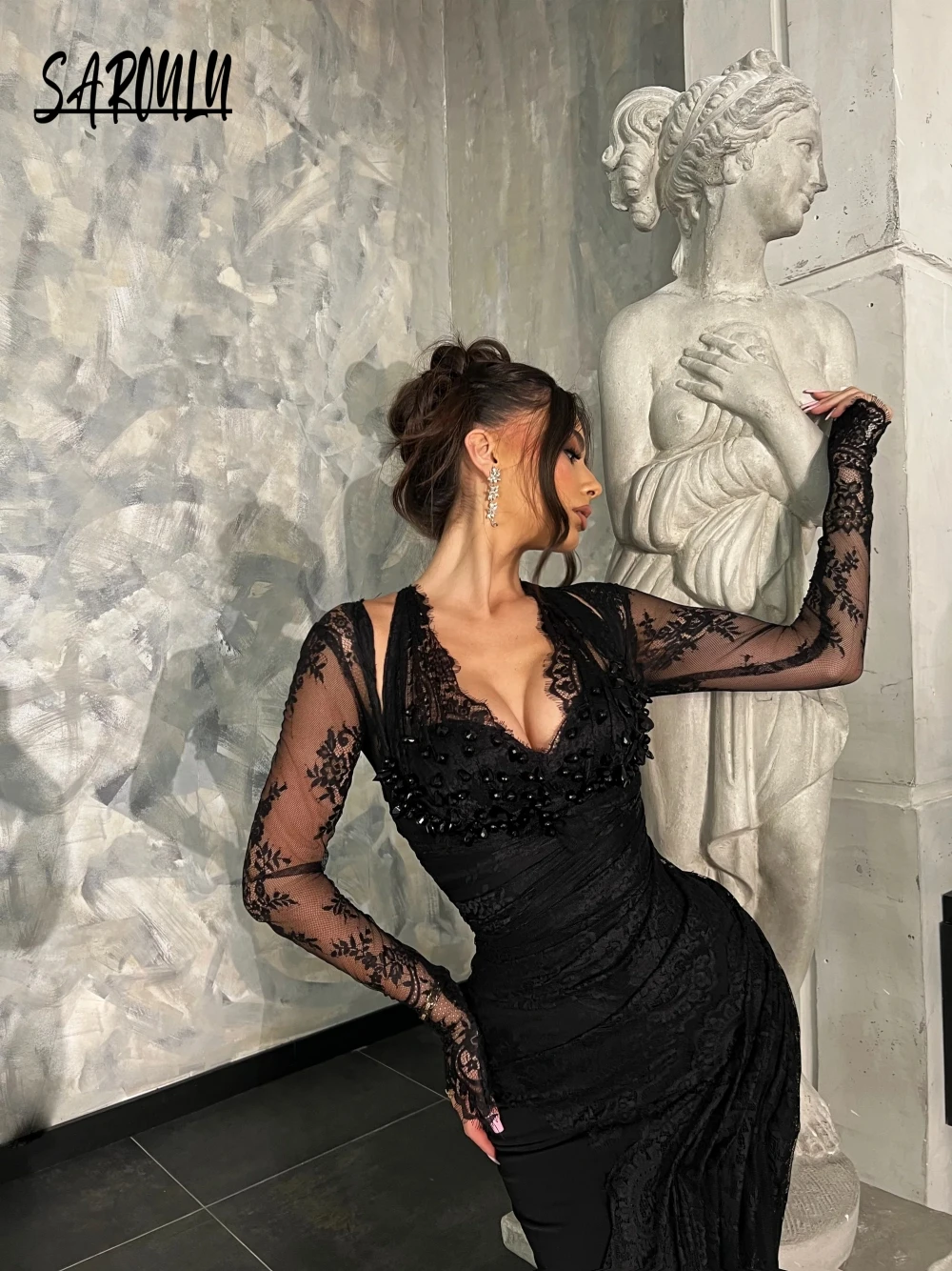 

Sexy Black Lace Mermaid Evening Dress 2025 Elegant Illusion Sleeves Women Customized Prom Gown Fashion V Neck Party Club Wear