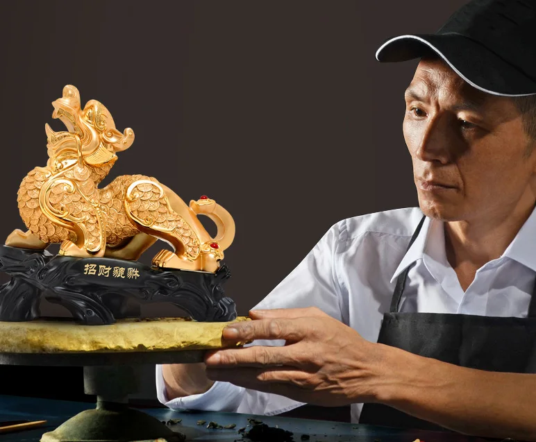 A pair # GOOD office homeTalisman Protection Money Drawing 3D Propitious gold PI XIU Sculpture FENG SHUI art statue