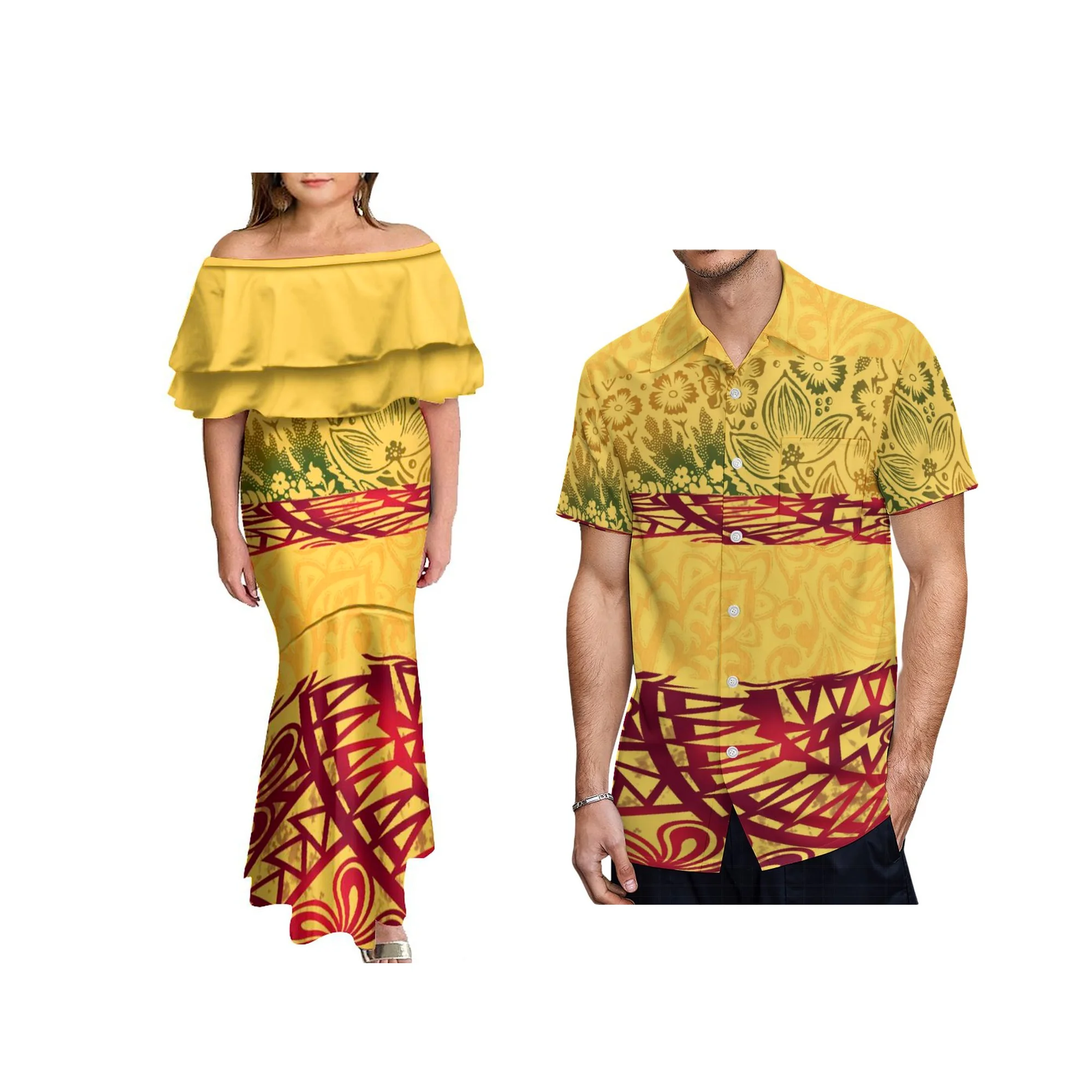 Wholesale Large Size Polynesian Tribal Design Samoan Dress Custom Double Layer Ruffle Off Shoulder Fishtail Dress Prom Dresses