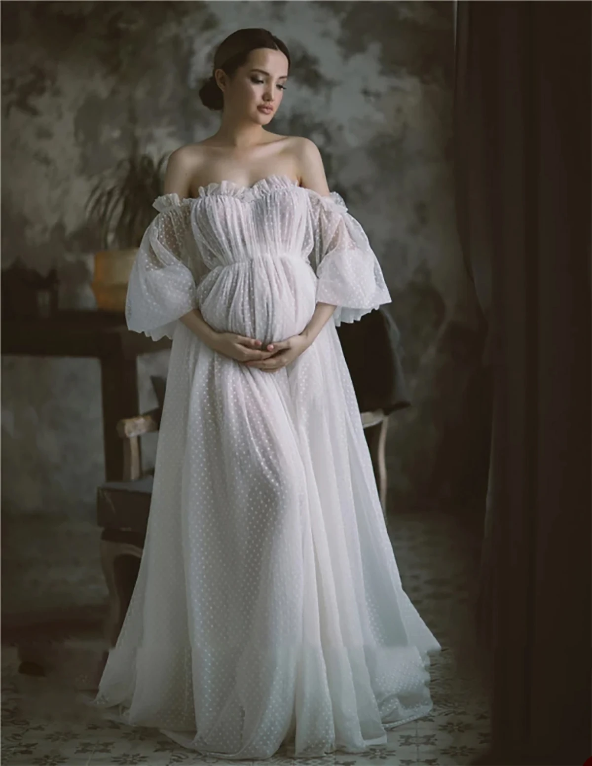 Elegant Maternity Star Dresses Sexy Sweetheart Long Sleeves Gowns for Photoshoot Baby Shower Ruffle Tulle Lace Bathrobes