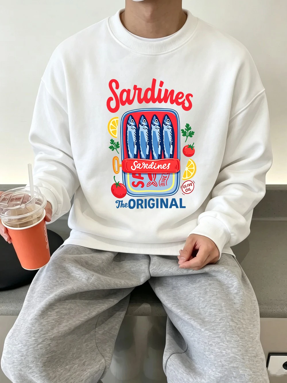 Vintage Sardines Can Prints Sweatshirts Mens Autumn Fleece Warm Hoodies Sporty Crewneck Jogging Pullover Casual Loose Clothes