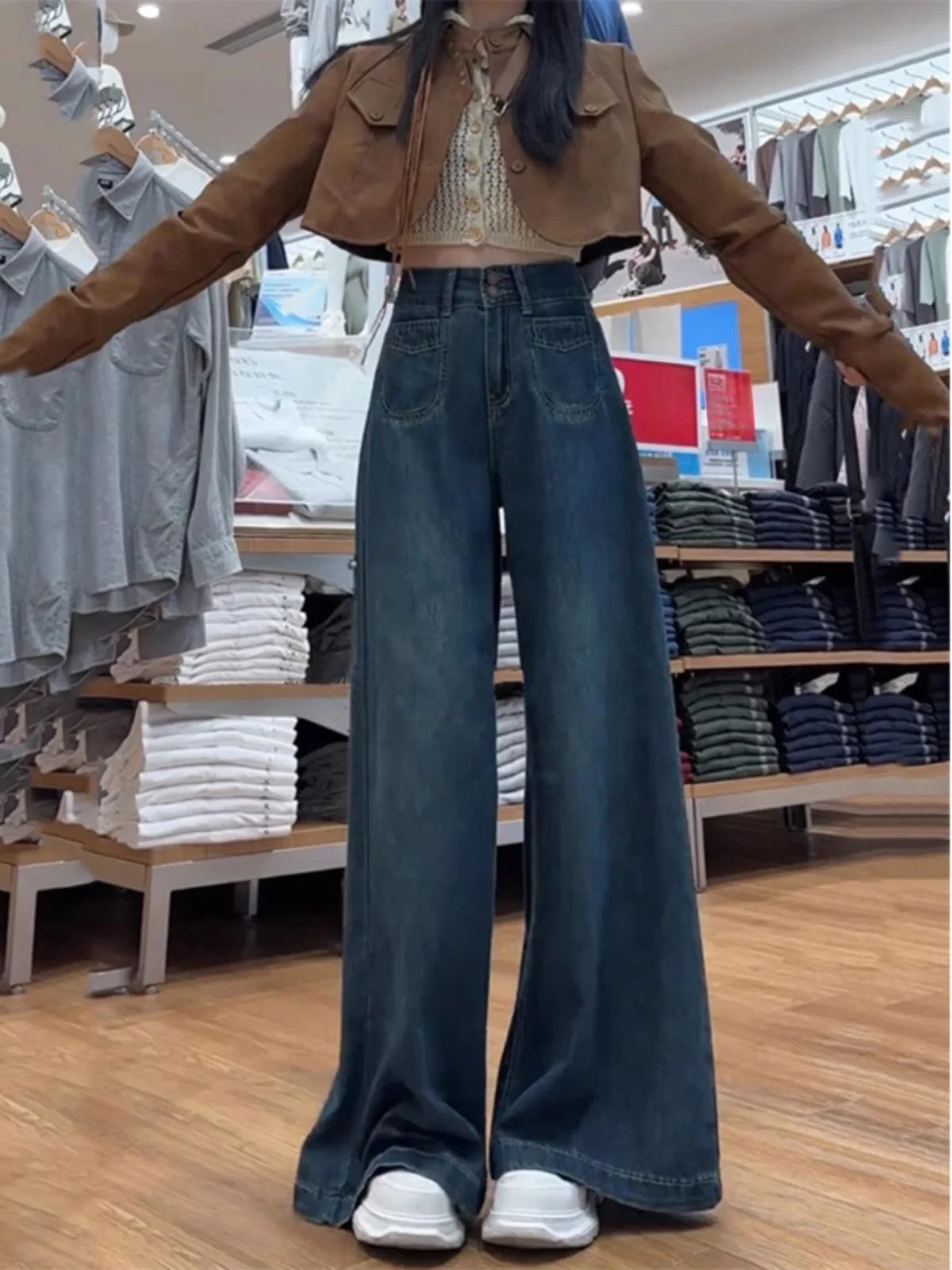 ディープブルー フェイスライン デニムジーンズ レディース 秋冬 プラスサイズ ルーズ スリム ラジースタイル ワイドレッグパンツ ハイウエスト ロング丈...