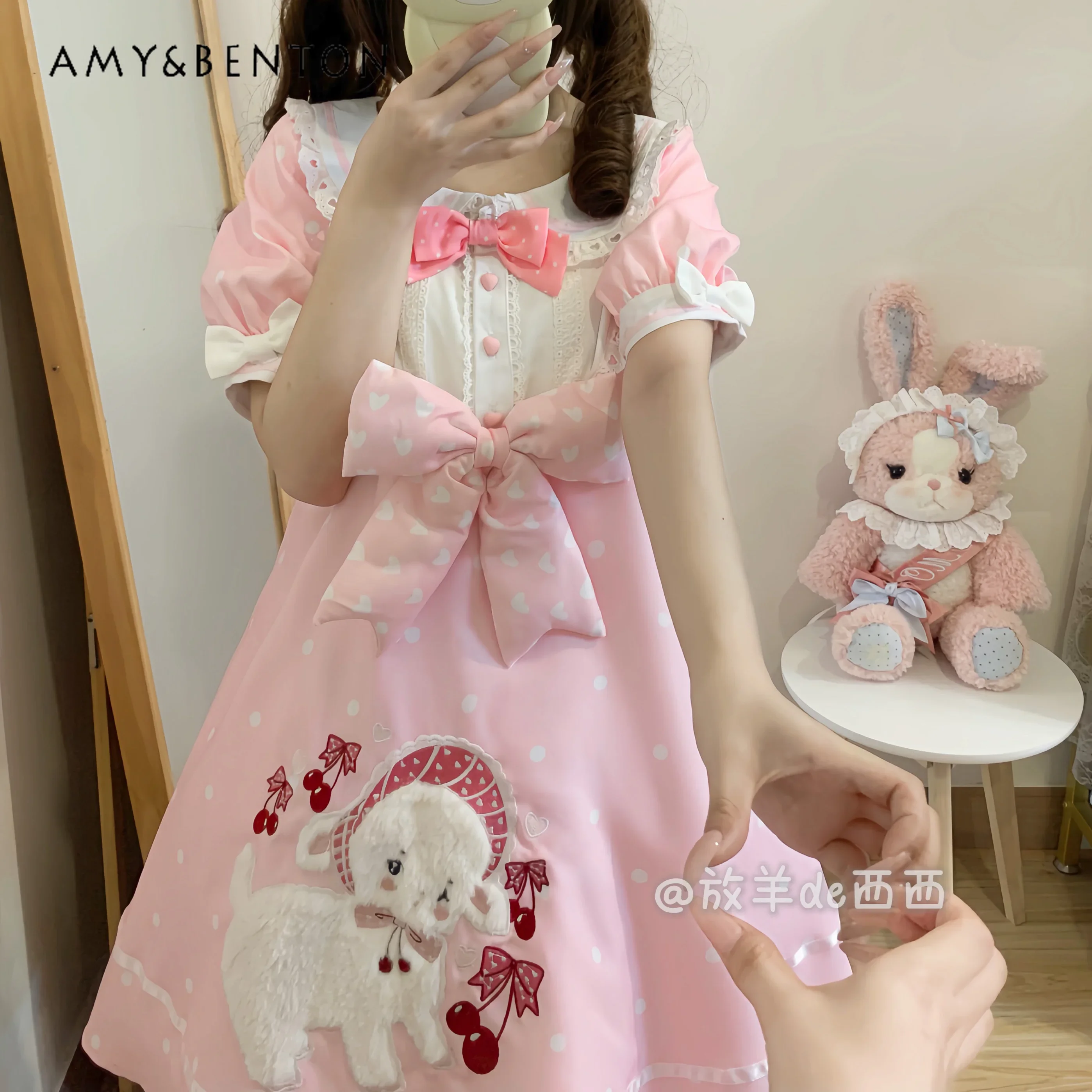 Japanese Sweet Daily Lolita Dresses Cute Bow Cartoon Embroidered Doll Collar Short Sleeve Slim Mini Dress Kawaii Summer Dress