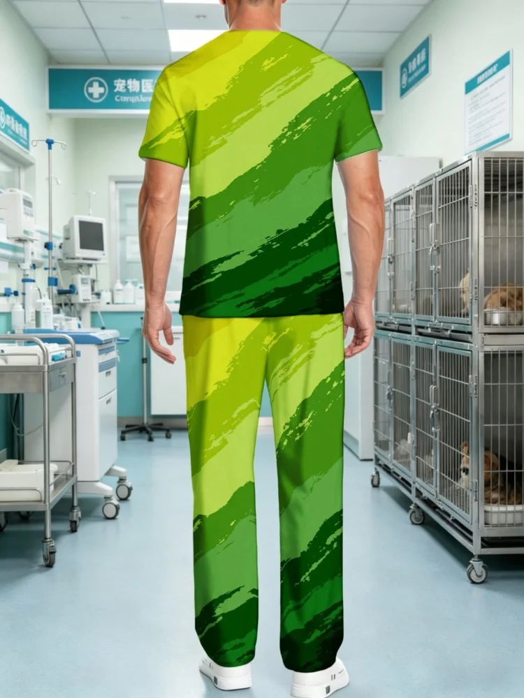 Hot Sale Mens Printed Medical Scrubs Uniform Multi Pockets Stretch Healthcare Workwear Green Ombre Pattern Scrub Suit