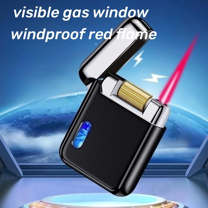 NEW Creative Windproof Roller Ignition Direct Gas Lighter LED  Lights See Through Gas Window Type-c Rechargeable Turbo Lighter