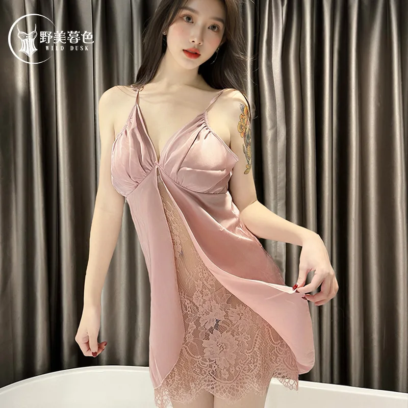 

Sexy and Alluring Backless Satin Deep-V Lace Camisole Nightgown with Breast Pads, Silky Sleepwear Lingerie Set