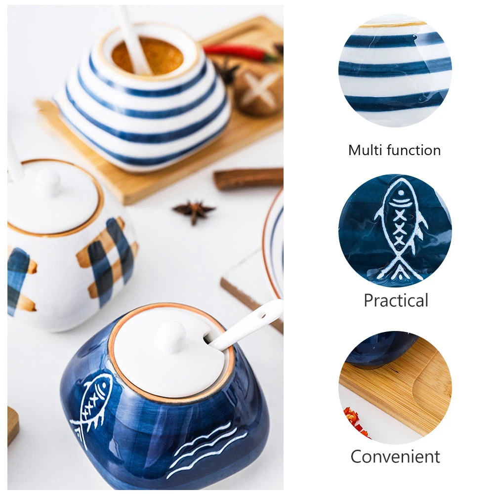

Ceramic Wood Seasoning Jar Set Kitchen Canisters Smooth Hand Painted Japanese Style Condiment Storage Spice Containers