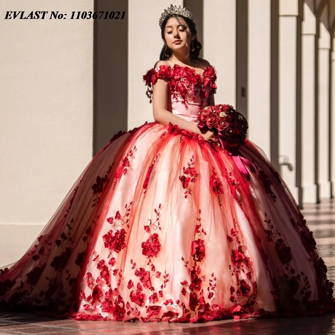 Evlast Mexicaanse Champgne Baljurk Quinceanera Jurk Rood 3d Bloemen Kant Applique Kralen Corset Sweet 16 Vestidos De Anos Sq389