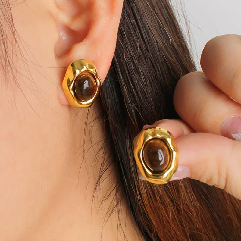 

Vintage Stainless Steel Tiger Eye Green Agate Earrings for Women 18K Gold Plated Fashion Pearl Stud Earring Luxury Jewelry Gifts