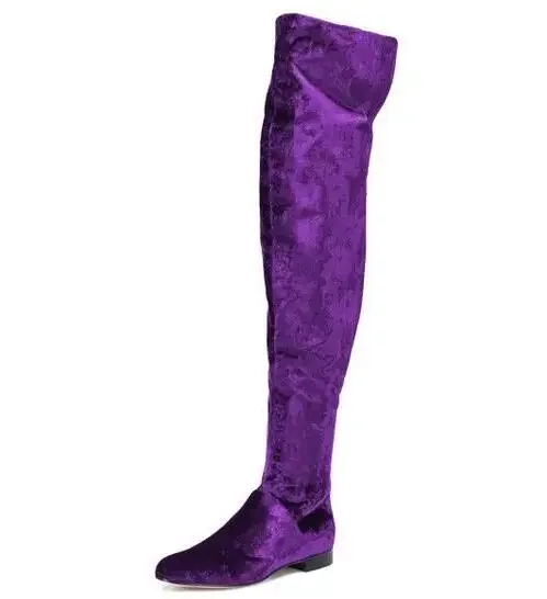 Blue Purple Chocolate Black Pink Solid Velvet Round Toe Over The Knee Flat Casual Boots Woman Classic Slim Thigh Long Botas