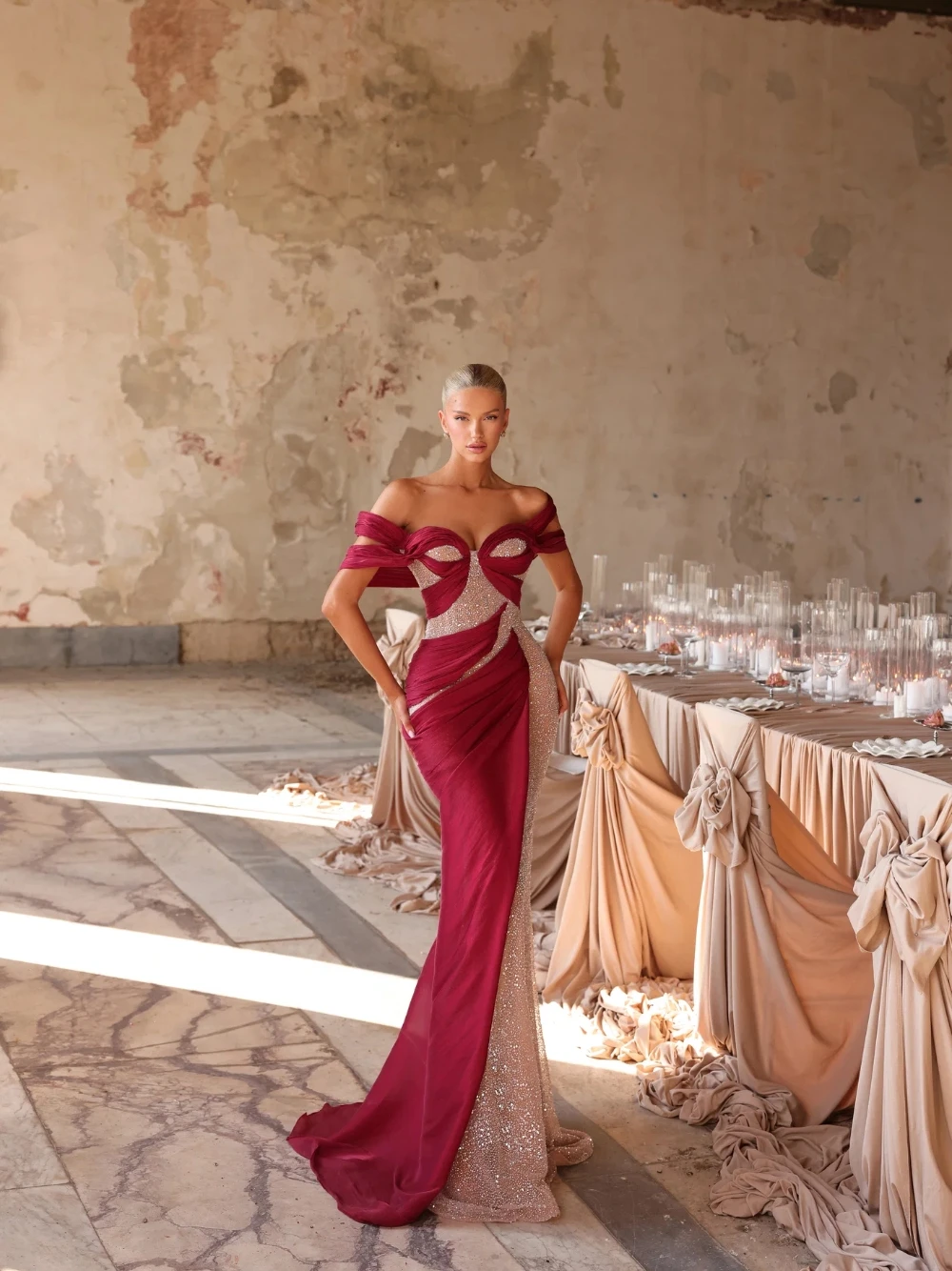2027 New Burgundy Mermaid Evening Dress Off Shoulder Draped Chiffon Sequin Patchwork Prom Gown Unique Pleated Customized Wear