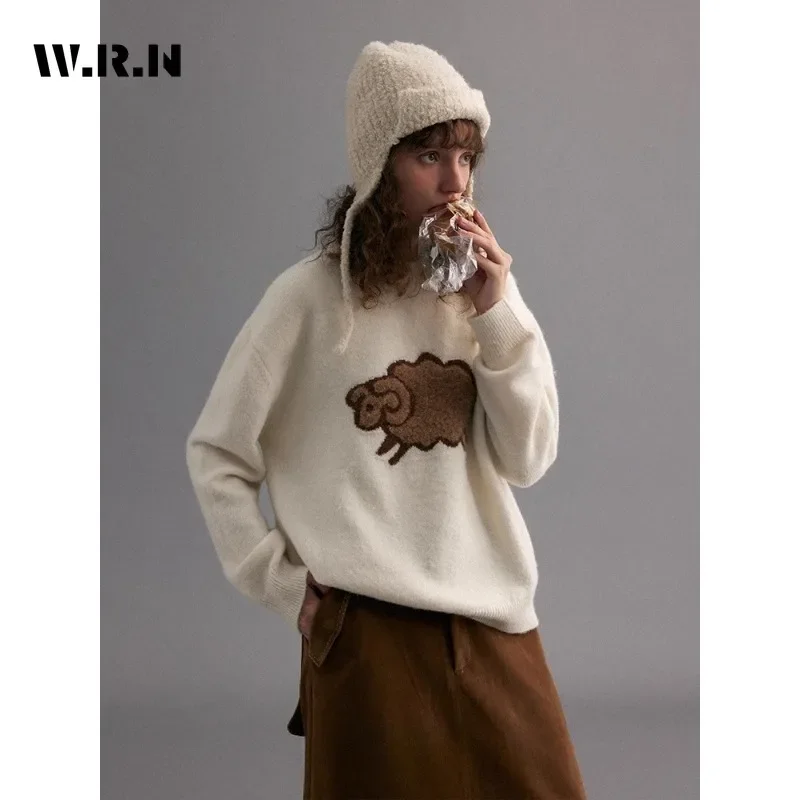 Sweet Knitting Long Sleeve Casual Y2K Pullovers 2025 Winter Women Lovely Jumpers Sheep Appliques Round Neck Ladies Sweater