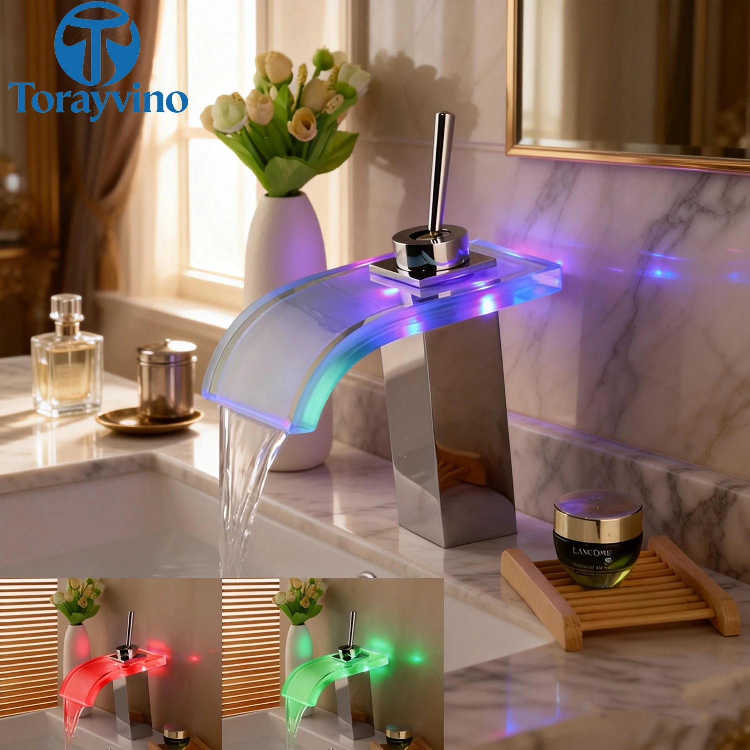Torayvino LED Light Deck Mounted Bathroom Faucet Waterfall Basin Tap Glass Spout Mixer Taps Chrome Single Hole Handle Faucets