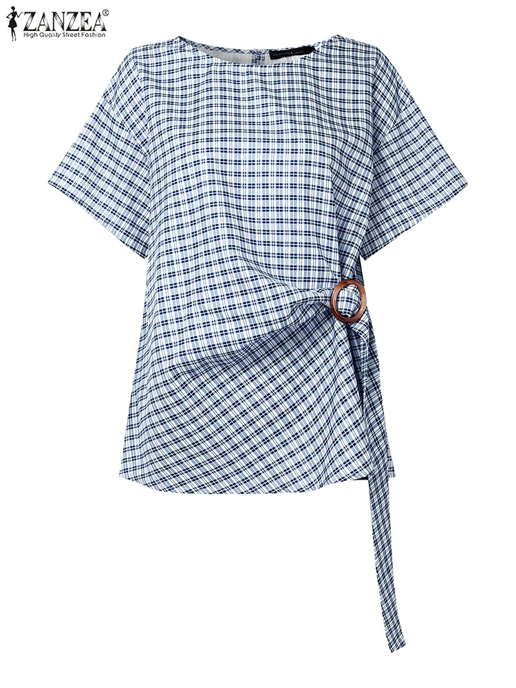 Eleganckie bluzki do pracy z krótkim rękawem OL ZANZEA dla kobiet, stylowe letnie koszule, codzienne bluzki w paski, modne bluzki na wakacje ze sznurowaniem, 2025