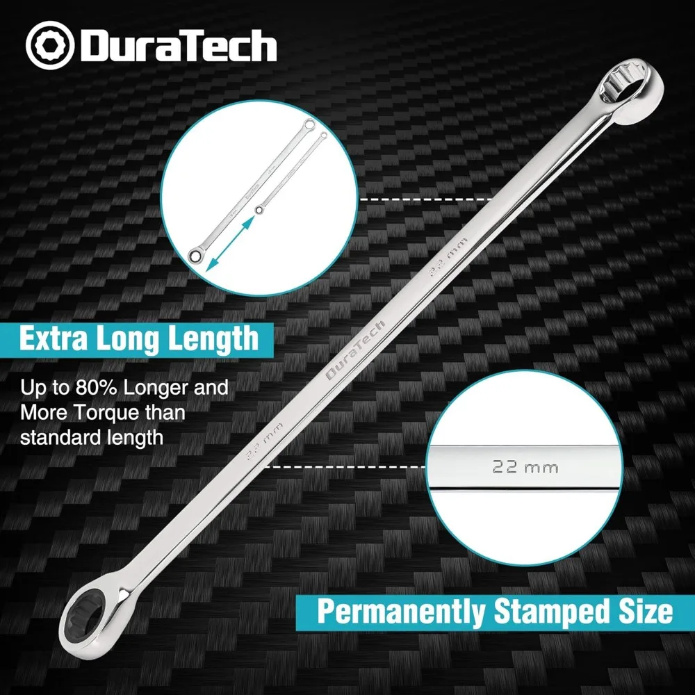 Extra Long Ratcheting Wrench Set, Double Box End Wrench Set, Metric, 9-PieceCR-V Steel, with EVA Foam Tool Organizer