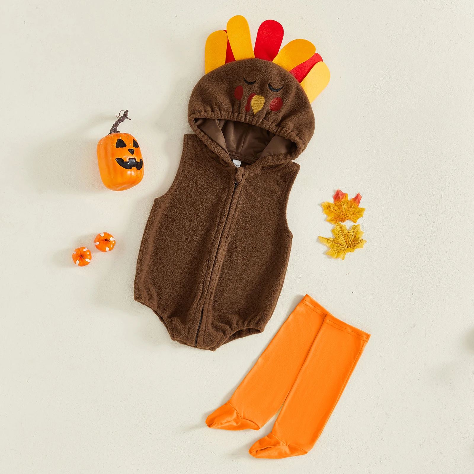 

Thanksgiving Baby Boys Turkey Costume Sleeveless Hooded Romper with Foot Covers Halloween Cosplay Costume