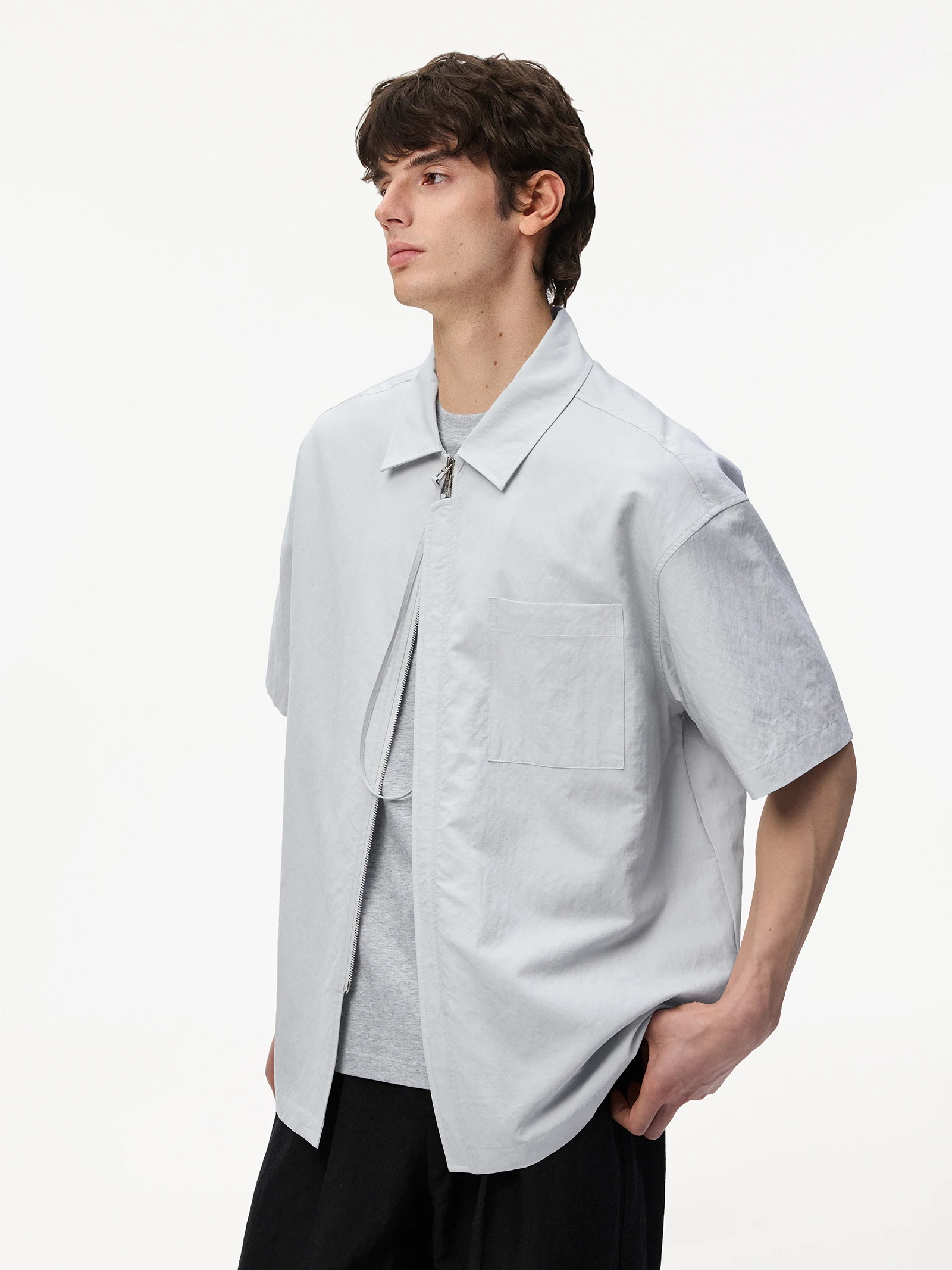 Lilbetter Linen Blend Short Sleeve Shirt Zipper Hanging Design Casual Top Fashion Urban Loose Fit Summer Youth Male Fashion