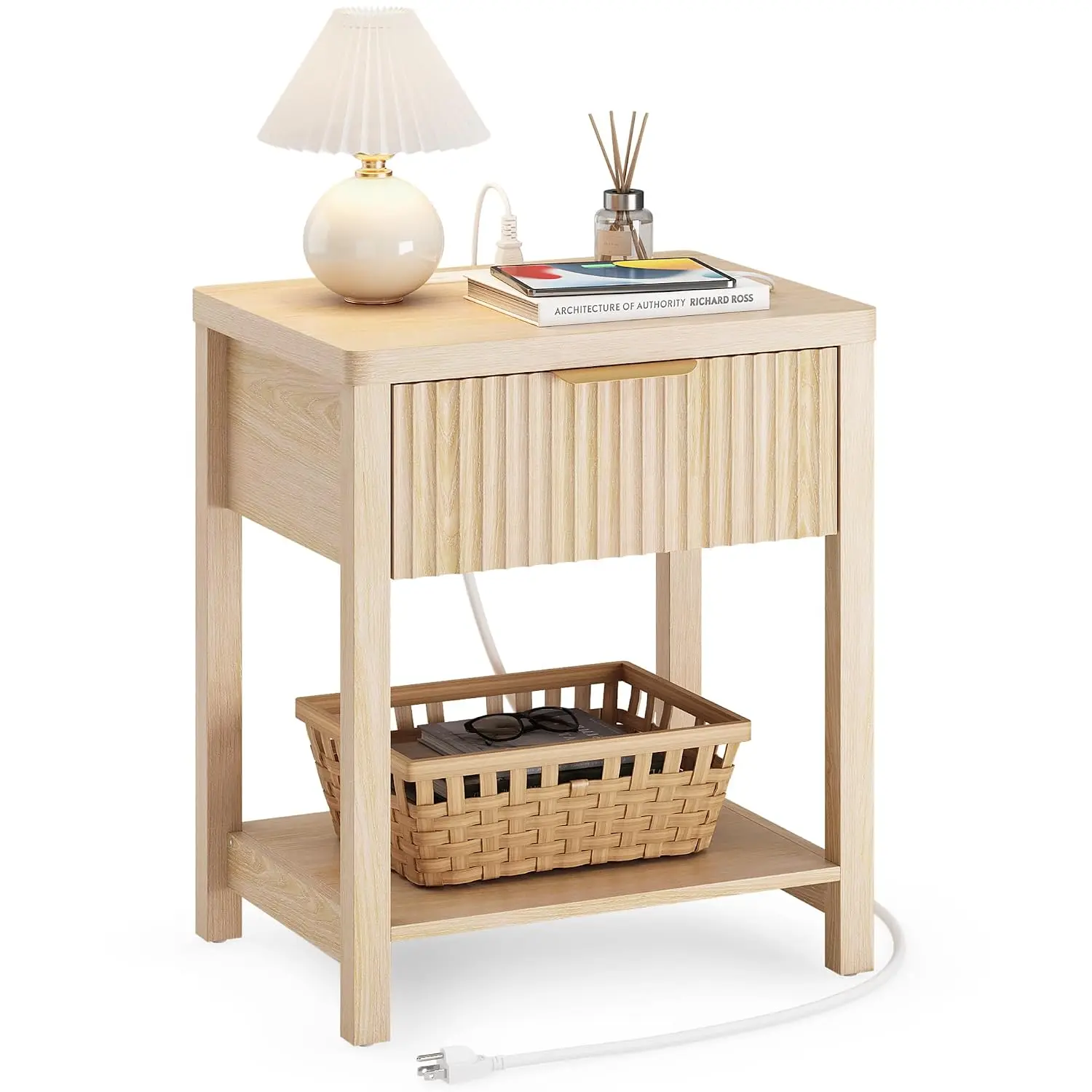 Fluted Wood Nightstand w/Socket Station, Bedroom Bedside Table, Customized