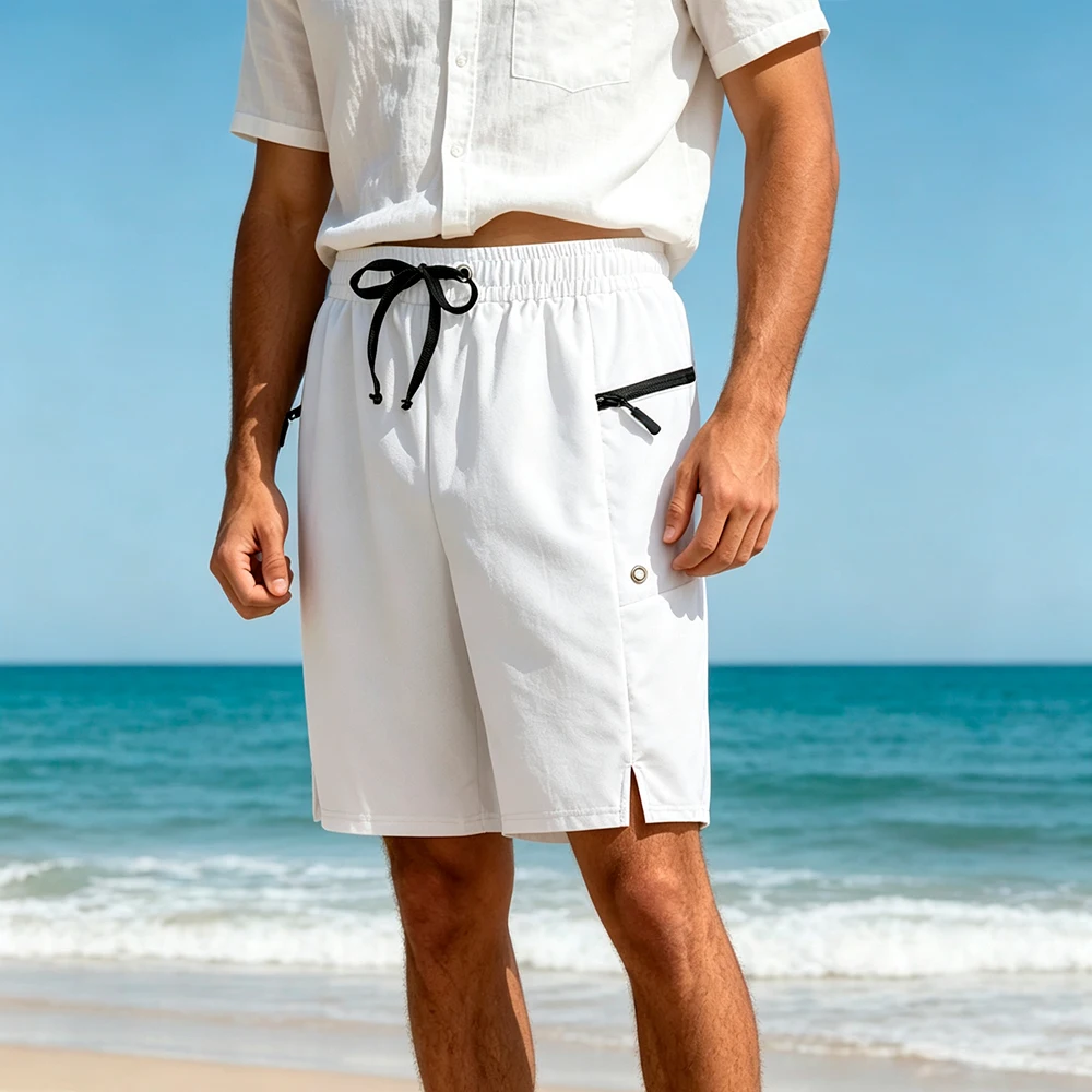 Calções de Praia Masculinos de Secagem Rápida em Cor Sólida para o Verão, com Cintura Elástica e Bolsos Laterais com Zíper