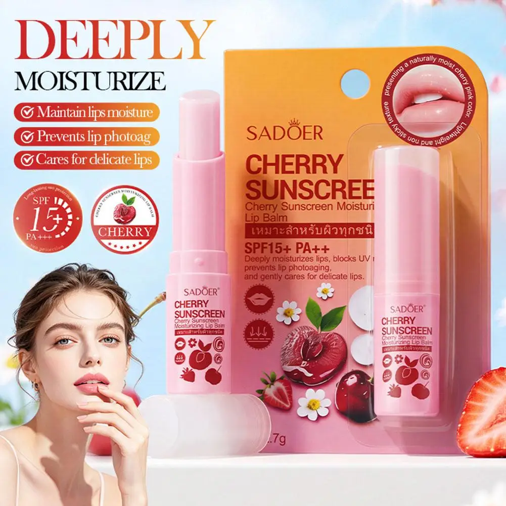 Cherry Sunscreen Lip Balm SPF15+ PA++ Moisturizing Natural Cherry Tint Non-Sticky Lip Care Repair For Dry Lips Daily Outdoor Use