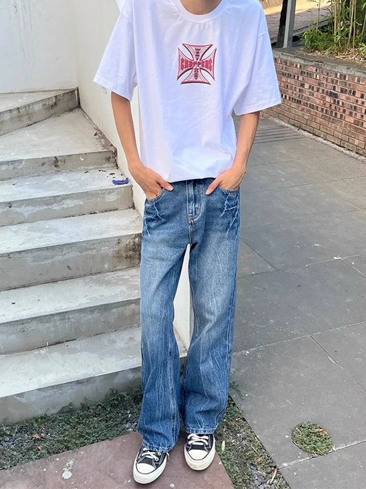 

Американские джинсовые джинсы с завышенной талией, мужские прямые брюки с высокой талией, расклешенные микро брюки, утягивающие длинные брюки CleanFit