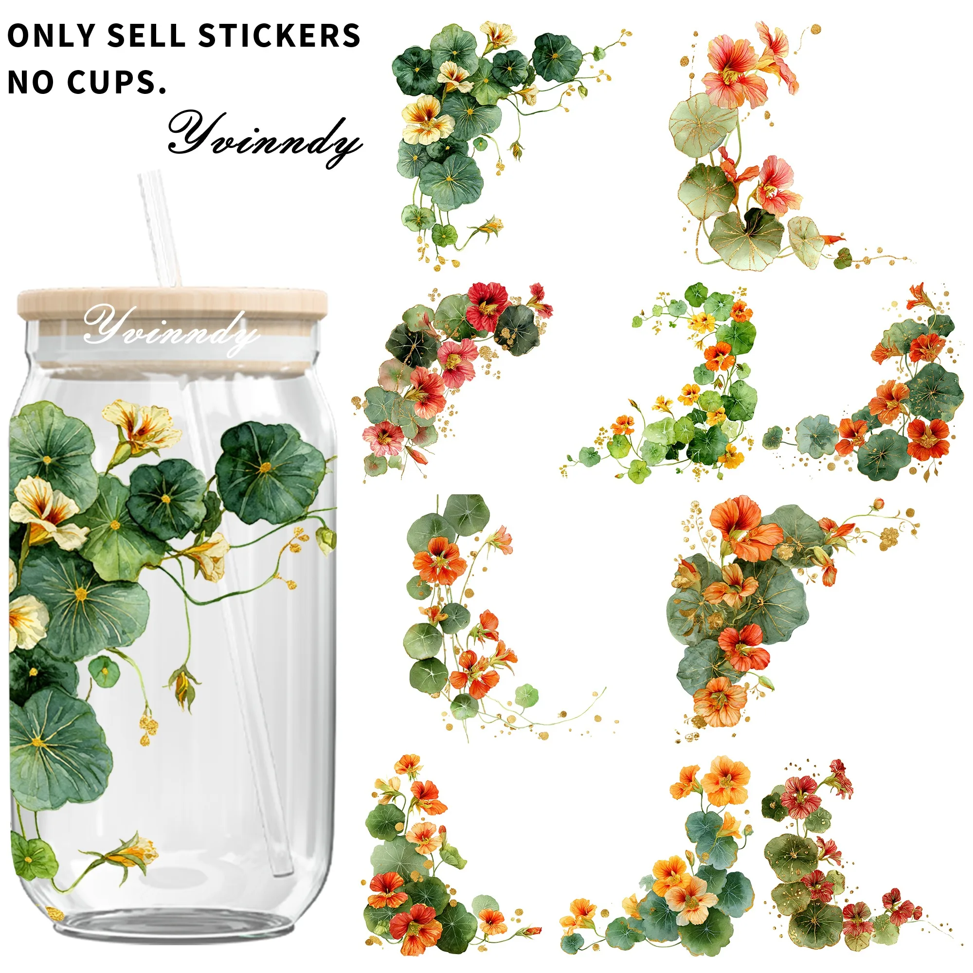 4 Stück/Set Aquarell-Begonia-Aufkleber, 16-Unzen-Becher, UVDTF-Transferaufkleber, wasserdicht und kratzfest, hochwertiger Aufkleber