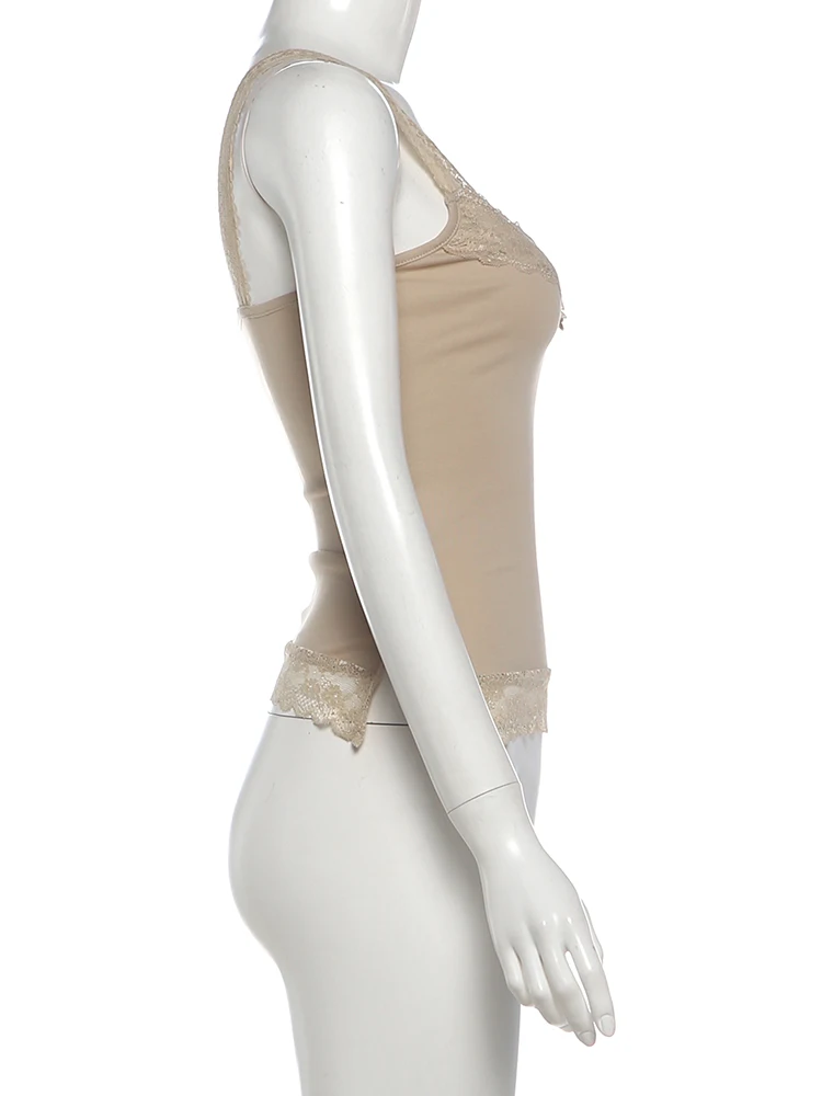 Weird Puss Spitzen-Patchwork-Camisole für Damen, tief ausgeschnitten, eng anliegend, mit seitlichem Schlitz, Midnight Sexy Hottie, wilder Sommertrend, Streetwear – Detail 6