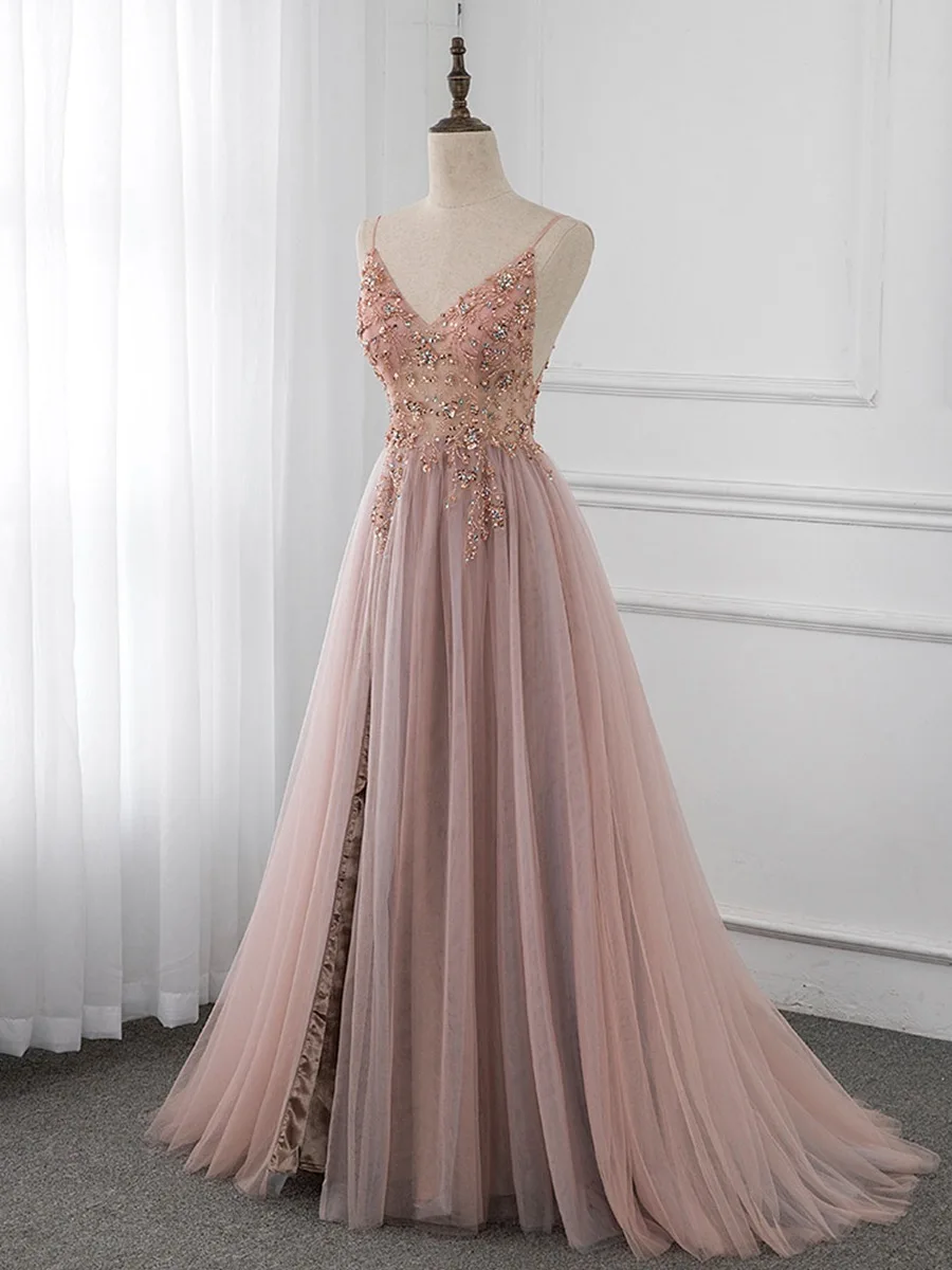 Luxury Dusty Pink Bridesmaid Dresses Spaghetti Straps V-Neck Rhinestones Beading Crystal Wedding Paety Formal Prom Evening Gowns