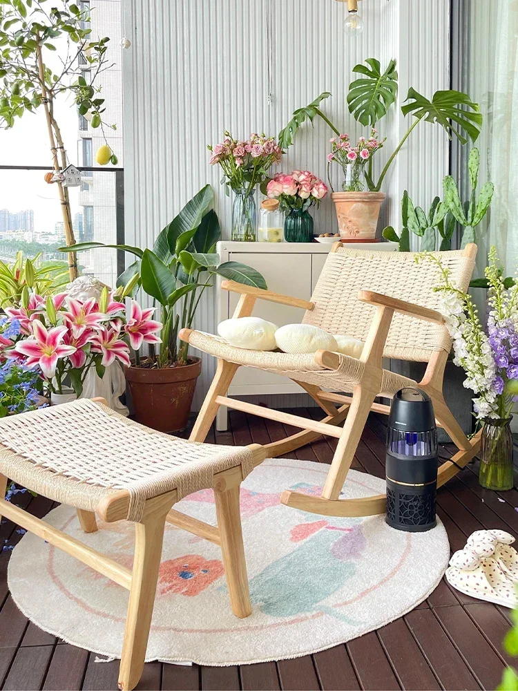 

-Solid wood rattan woven household backrest folding rocking chair, single person rope woven balcony, leisure log