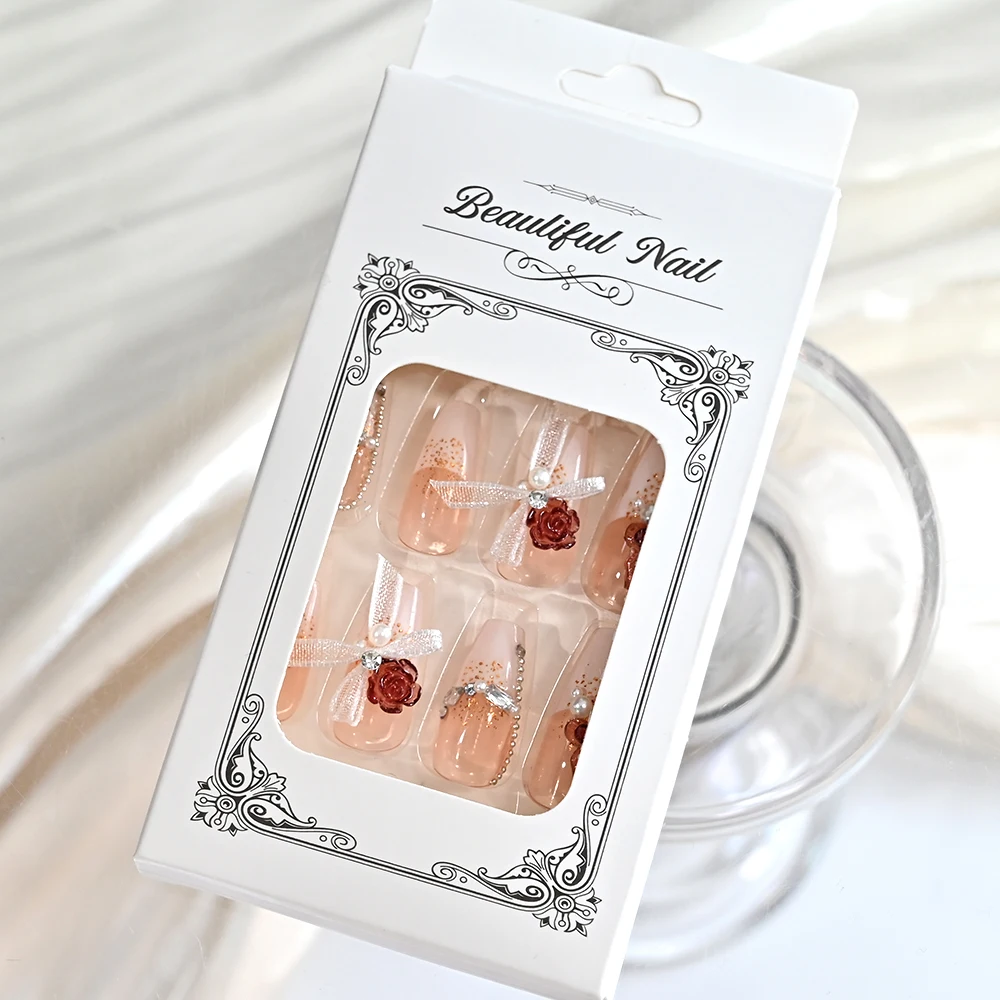 24 pièces 3D Rose papillon strass presse à la main sur les ongles français Ballet faux ongles avec ruban Organza perles faux Fingetips T