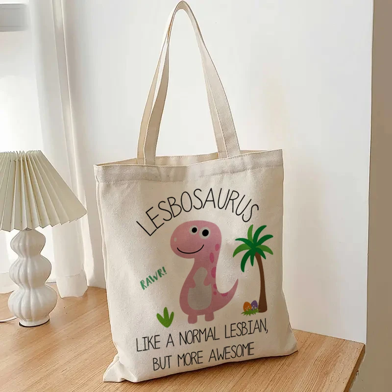 Lesbosaurus Cute Anime Print Like A Normal Lesbianand Gay But More Awesome Tote Bags Canvas Large Bag Foldable Shopping Woman