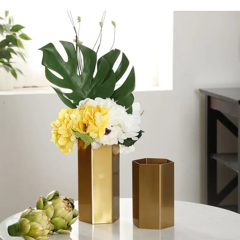 Minimalist Hexagon Gold Vase Metal Cylinder Vases Artificial Floral Flower Pots Decorative Arrangement Modern Home Decor